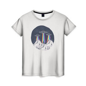 Женская футболка 3D с принтом НЛО в Горах в Курске, 100% полиэфир ( синтетическое хлопкоподобное полотно) | прямой крой, круглый вырез горловины, длина до линии бедер | горы | елки | звезды | земля | инопланетяне | небо | ночь | радуга | снег | тарелка | эверест | эльбрус