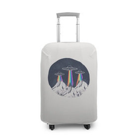 Чехол для чемодана 3D с принтом НЛО в Горах в Курске, 86% полиэфир, 14% спандекс | двустороннее нанесение принта, прорези для ручек и колес | горы | елки | звезды | земля | инопланетяне | небо | ночь | радуга | снег | тарелка | эверест | эльбрус