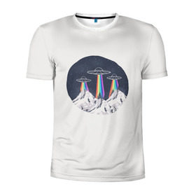 Мужская футболка 3D спортивная с принтом НЛО в Горах в Курске, 100% полиэстер с улучшенными характеристиками | приталенный силуэт, круглая горловина, широкие плечи, сужается к линии бедра | горы | елки | звезды | земля | инопланетяне | небо | ночь | радуга | снег | тарелка | эверест | эльбрус