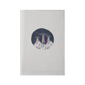Обложка для паспорта матовая кожа с принтом НЛО в Горах в Курске, натуральная матовая кожа | размер 19,3 х 13,7 см; прозрачные пластиковые крепления | горы | елки | звезды | земля | инопланетяне | небо | ночь | радуга | снег | тарелка | эверест | эльбрус