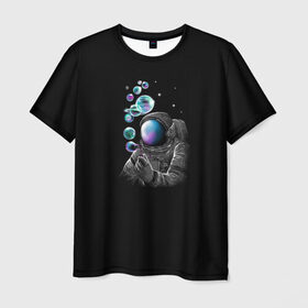 Мужская футболка 3D с принтом Космические Пузыри в Курске, 100% полиэфир | прямой крой, круглый вырез горловины, длина до линии бедер | Тематика изображения на принте: астронавт | звезды | земля | космос | марс | мыльные | планеты | скафандр