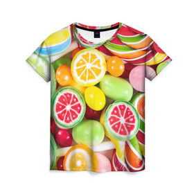 Женская футболка 3D с принтом Candy в Курске, 100% полиэфир ( синтетическое хлопкоподобное полотно) | прямой крой, круглый вырез горловины, длина до линии бедер | Тематика изображения на принте: candy | colorful | lollipop | sweet | конфеты | леденцы | сладости