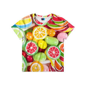 Детская футболка 3D с принтом Candy в Курске, 100% гипоаллергенный полиэфир | прямой крой, круглый вырез горловины, длина до линии бедер, чуть спущенное плечо, ткань немного тянется | Тематика изображения на принте: candy | colorful | lollipop | sweet | конфеты | леденцы | сладости