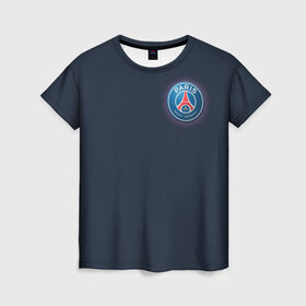 Женская футболка 3D с принтом ПСЖ в Курске, 100% полиэфир ( синтетическое хлопкоподобное полотно) | прямой крой, круглый вырез горловины, длина до линии бедер | fc | fly emirates | paris | psg | лого | париж | псж | спорт | спортивные | фк | футбольный клуб