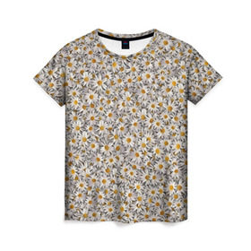 Женская футболка 3D с принтом Ромашки в Курске, 100% полиэфир ( синтетическое хлопкоподобное полотно) | прямой крой, круглый вырез горловины, длина до линии бедер | белый | желтый | паттерн | поле | полевые | растения | ромашка | текстура | цветочки