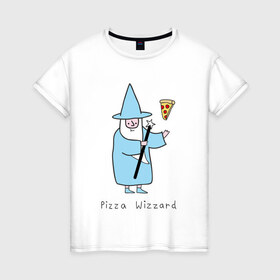Женская футболка хлопок с принтом Заклинатель пиццы в Курске, 100% хлопок | прямой крой, круглый вырез горловины, длина до линии бедер, слегка спущенное плечо | Тематика изображения на принте: magic | pizza | wizzard | арт | волшебник | маг | магия | пицца