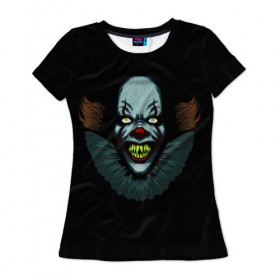 Женская футболка 3D с принтом Clown в Курске, 100% полиэфир ( синтетическое хлопкоподобное полотно) | прямой крой, круглый вырез горловины, длина до линии бедер | Тематика изображения на принте: horror | pennywise | stephen king | клоун | оно | пеннивайз | стивен кинг | ужасы | хоррор