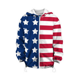 Детская куртка 3D с принтом USA Flag в Курске, 100% полиэстер | застежка — молния, подол и капюшон оформлены резинкой с фиксаторами, по бокам — два кармана без застежек, один потайной карман на груди, плотность верхнего слоя — 90 г/м2; плотность флисового подклада — 260 г/м2 | star | usa | америка | белый | звезды | красный | линии | полосы | популярные | синий | сша | триколор | туристические | флаг | цвет | штаты