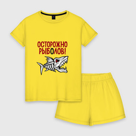 Женская пижама с шортиками хлопок с принтом Осторожно рыболов в Курске, 100% хлопок | футболка прямого кроя, шорты свободные с широкой мягкой резинкой | Тематика изображения на принте: рыба | рыбалка | снасти | удочка