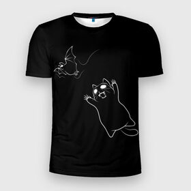 Мужская футболка 3D спортивная с принтом Cat Monster в Курске, 100% полиэстер с улучшенными характеристиками | приталенный силуэт, круглая горловина, широкие плечи, сужается к линии бедра | Тематика изображения на принте: cat | halloween | арт | животные | кот | котик | кошки | монстр | мышь | праздник | хэллоуин | черно белый