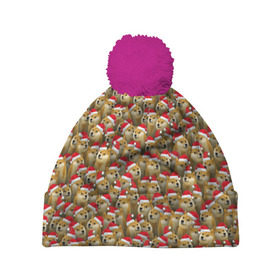 Шапка 3D c помпоном с принтом Новогодние собаки в Курске, 100% полиэстер | универсальный размер, печать по всей поверхности изделия | Тематика изображения на принте: doge | зима | зимний | лайка | мем | новогодний | новый год | паттерн | рождество | сиба ину | собака | собакен | хаски | шапка