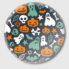 Значок с принтом Halloween в Курске,  металл | круглая форма, металлическая застежка в виде булавки | звёзды | кости | летучие мыши | листья | привидения | тыквы