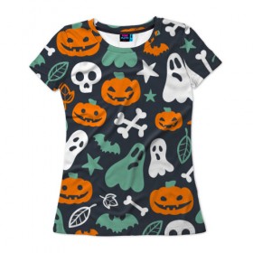 Женская футболка 3D с принтом Halloween в Курске, 100% полиэфир ( синтетическое хлопкоподобное полотно) | прямой крой, круглый вырез горловины, длина до линии бедер | звёзды | кости | летучие мыши | листья | привидения | тыквы