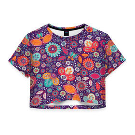 Женская футболка 3D укороченная с принтом Цветочный взрыв в Курске, 100% полиэстер | круглая горловина, длина футболки до линии талии, рукава с отворотами | vppdgryphon | арт | взрыв | краска | тропики | цветные | цветок | цветочный | цветы