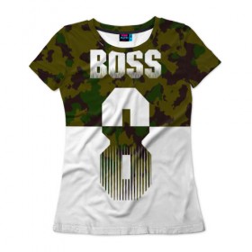 Женская футболка 3D с принтом BOSS 8 Military в Курске, 100% полиэфир ( синтетическое хлопкоподобное полотно) | прямой крой, круглый вырез горловины, длина до линии бедер | 