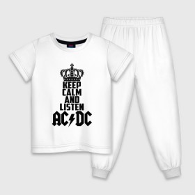 Детская пижама хлопок с принтом Keep calm and listen AC/DC в Курске, 100% хлопок |  брюки и футболка прямого кроя, без карманов, на брюках мягкая резинка на поясе и по низу штанин
 | Тематика изображения на принте: ac dc | acdc | австралийская | альбом | ангус янг | блюз рок | гитара | головы | группа | крис слэйд | музыканты | надпись | певцы | рок | рок н ролл | стиви янг | хард рок | эксл роуз