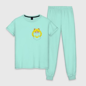 Женская пижама хлопок с принтом Луна в кармане в Курске, 100% хлопок | брюки и футболка прямого кроя, без карманов, на брюках мягкая резинка на поясе и по низу штанин | 