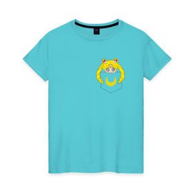Женская футболка хлопок с принтом Луна в кармане в Курске, 100% хлопок | прямой крой, круглый вырез горловины, длина до линии бедер, слегка спущенное плечо | 