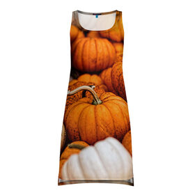 Платье-майка 3D с принтом тыквы в Курске, 100% полиэстер | полуприлегающий силуэт, широкие бретели, круглый вырез горловины, удлиненный подол сзади. | halloween | дача | овощи | октябрь | оранжевый | осень | сентябрь | тыква | хеллуин