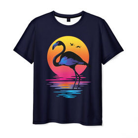 Мужская футболка 3D с принтом Фламинго дитя заката в Курске, 100% полиэфир | прямой крой, круглый вырез горловины, длина до линии бедер | закат | море | птица | ретро | стиль | фламинго