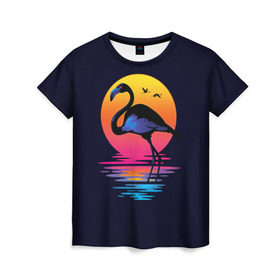 Женская футболка 3D с принтом Фламинго дитя заката в Курске, 100% полиэфир ( синтетическое хлопкоподобное полотно) | прямой крой, круглый вырез горловины, длина до линии бедер | закат | море | птица | ретро | стиль | фламинго
