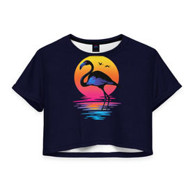 Женская футболка 3D укороченная с принтом Фламинго дитя заката в Курске, 100% полиэстер | круглая горловина, длина футболки до линии талии, рукава с отворотами | закат | море | птица | ретро | стиль | фламинго