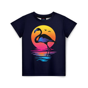 Детская футболка 3D с принтом Фламинго дитя заката в Курске, 100% гипоаллергенный полиэфир | прямой крой, круглый вырез горловины, длина до линии бедер, чуть спущенное плечо, ткань немного тянется | закат | море | птица | ретро | стиль | фламинго