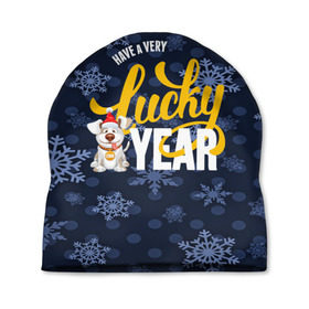 Шапка 3D с принтом Lucky Year в Курске, 100% полиэстер | универсальный размер, печать по всей поверхности изделия | new year | santa | год собаки | дед мороз | елка | елочки | новогодний | новый год | подарки | рождество | сантаклаус | снег | снежинки | собака