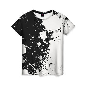 Женская футболка 3D с принтом Брызги краски в Курске, 100% полиэфир ( синтетическое хлопкоподобное полотно) | прямой крой, круглый вырез горловины, длина до линии бедер | абстракция | белое | брызги | краска | пятно | черное