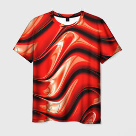Мужская футболка 3D с принтом Жидкие металл (красный) в Курске, 100% полиэфир | прямой крой, круглый вырез горловины, длина до линии бедер | Тематика изображения на принте: абстракция | блеск | блики | краска | линии | металл | отражение | узоры