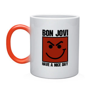 Кружка хамелеон с принтом Bon Jovi, have a nice day в Курске, керамика | меняет цвет при нагревании, емкость 330 мл | bon jovi | бон | бон джови | глэм | группа | джови | джон | метал | рок | хард