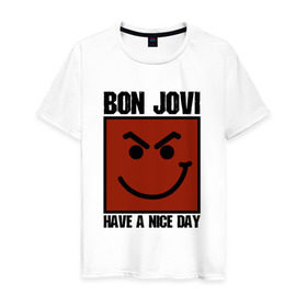 Мужская футболка хлопок с принтом Bon Jovi, have a nice day в Курске, 100% хлопок | прямой крой, круглый вырез горловины, длина до линии бедер, слегка спущенное плечо. | bon jovi | бон | бон джови | глэм | группа | джови | джон | метал | рок | хард