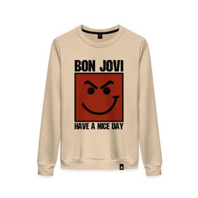 Женский свитшот хлопок с принтом Bon Jovi, have a nice day в Курске, 100% хлопок | прямой крой, круглый вырез, на манжетах и по низу широкая трикотажная резинка  | bon jovi | бон | бон джови | глэм | группа | джови | джон | метал | рок | хард