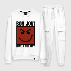 Женский костюм хлопок с принтом Bon Jovi, have a nice day в Курске, 100% хлопок | на свитшоте круглая горловина, мягкая резинка по низу. Брюки заужены к низу, на них два вида карманов: два 