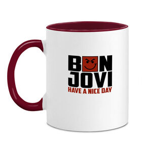 Кружка двухцветная с принтом Bon Jovi, have a nice day в Курске, керамика | объем — 330 мл, диаметр — 80 мм. Цветная ручка и кайма сверху, в некоторых цветах — вся внутренняя часть | bon jovi | бон | бон джови | глэм | группа | джови | джон | метал | рок | хард