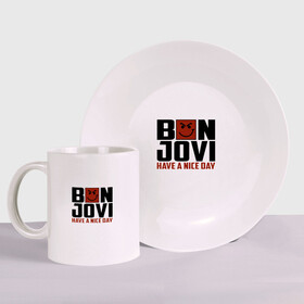 Набор: тарелка + кружка с принтом Bon Jovi, have a nice day в Курске, керамика | Кружка: объем — 330 мл, диаметр — 80 мм. Принт наносится на бока кружки, можно сделать два разных изображения. 
Тарелка: диаметр - 210 мм, диаметр для нанесения принта - 120 мм. | bon jovi | бон | бон джови | глэм | группа | джови | джон | метал | рок | хард