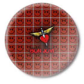Значок с принтом Смайлы Bon Jovi в Курске,  металл | круглая форма, металлическая застежка в виде булавки | bon jovi | бон | бон джови | глэм | группа | джови | джон | рок | хард