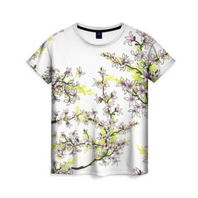 Женская футболка 3D с принтом Сакура в Курске, 100% полиэфир ( синтетическое хлопкоподобное полотно) | прямой крой, круглый вырез горловины, длина до линии бедер | арт | краска | прикольные | сакура | тропики | цветные | цветок | цветы | япония