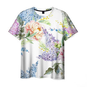 Мужская футболка 3D с принтом Сирень и Пионы в Курске, 100% полиэфир | прямой крой, круглый вырез горловины, длина до линии бедер | арт | краска | пион | пионы | прикольные | сирень | тропики | цветные | цветок | цветы