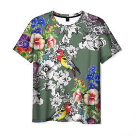 Мужская футболка 3D с принтом Райский остров в Курске, 100% полиэфир | прямой крой, круглый вырез горловины, длина до линии бедер | арт | краска | попугаи | попугай | прикольные | рай | тропики | цветные | цветок | цветы