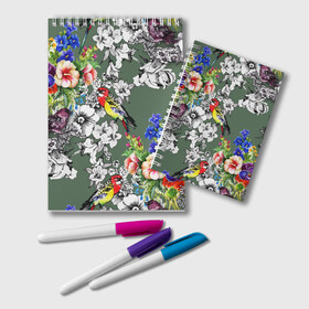 Блокнот с принтом Райский остров в Курске, 100% бумага | 48 листов, плотность листов — 60 г/м2, плотность картонной обложки — 250 г/м2. Листы скреплены удобной пружинной спиралью. Цвет линий — светло-серый
 | арт | краска | попугаи | попугай | прикольные | рай | тропики | цветные | цветок | цветы