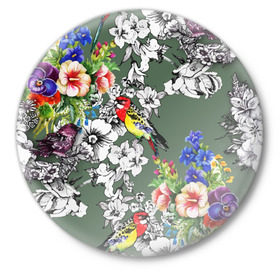 Значок с принтом Райский остров в Курске,  металл | круглая форма, металлическая застежка в виде булавки | арт | краска | попугаи | попугай | прикольные | рай | тропики | цветные | цветок | цветы