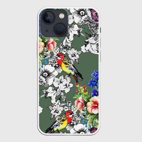 Чехол для iPhone 13 mini с принтом Райский остров в Курске,  |  | арт | краска | попугаи | попугай | прикольные | рай | тропики | цветные | цветок | цветы