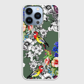 Чехол для iPhone 13 Pro с принтом Райский остров в Курске,  |  | арт | краска | попугаи | попугай | прикольные | рай | тропики | цветные | цветок | цветы