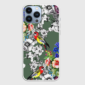 Чехол для iPhone 13 Pro Max с принтом Райский остров в Курске,  |  | арт | краска | попугаи | попугай | прикольные | рай | тропики | цветные | цветок | цветы