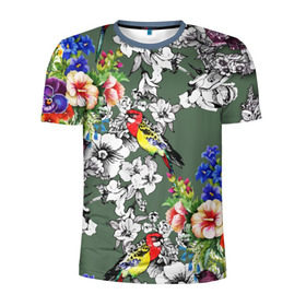 Мужская футболка 3D спортивная с принтом Райский остров в Курске, 100% полиэстер с улучшенными характеристиками | приталенный силуэт, круглая горловина, широкие плечи, сужается к линии бедра | арт | краска | попугаи | попугай | прикольные | рай | тропики | цветные | цветок | цветы