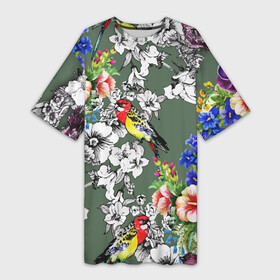 Платье-футболка 3D с принтом Райский остров в Курске,  |  | арт | краска | попугаи | попугай | прикольные | рай | тропики | цветные | цветок | цветы