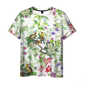 Мужская футболка 3D с принтом Райский остров в Курске, 100% полиэфир | прямой крой, круглый вырез горловины, длина до линии бедер | арт | краска | попугаи | попугай | прикольные | рай | тропики | цветные | цветок | цветы