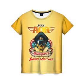 Женская футболка 3D с принтом Bon Jovi, slippery when wet в Курске, 100% полиэфир ( синтетическое хлопкоподобное полотно) | прямой крой, круглый вырез горловины, длина до линии бедер | bon jovi | бон джови | глэм | группа | метал | поп | попрок | рок | софт | хард | хеви | хевиметал