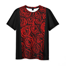 Мужская футболка 3D с принтом Унисекс / Красные розы в Курске, 100% полиэфир | прямой крой, круглый вырез горловины, длина до линии бедер | букет | красный | лепестки | модные | полосы | природа | растения | розочки | розы | сад | тренды | цвет | цветы | черный